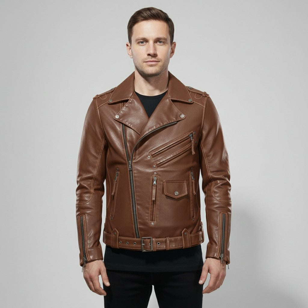 Men's Brown Leather Biker Jacket