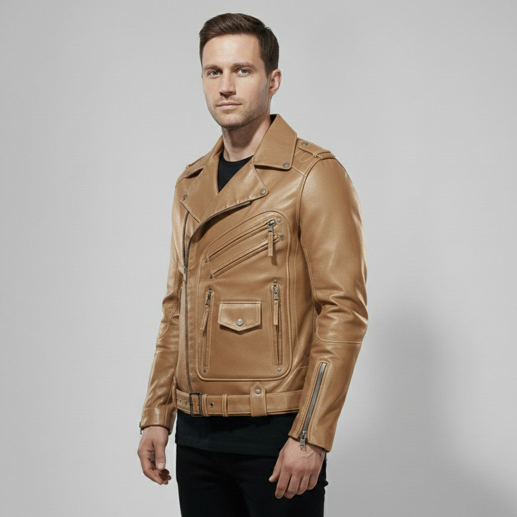 Men's Tan Leather Biker Jacket