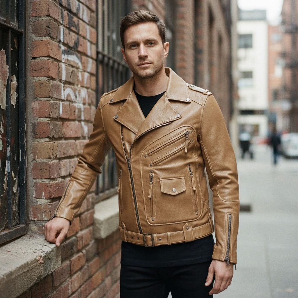Men's Tan Leather Biker Jacket