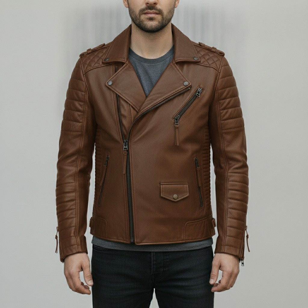 Men's Brown Leather Biker Jacket