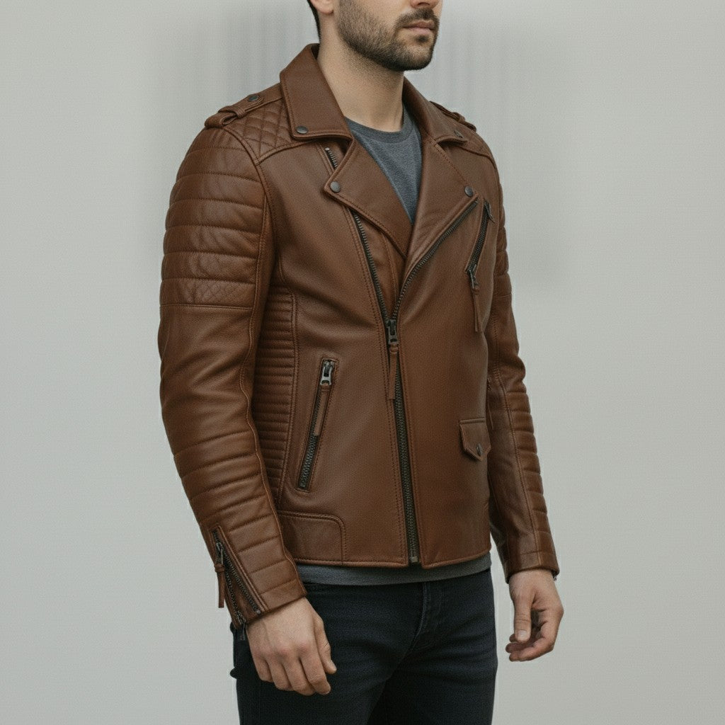 Men's Brown Leather Biker Jacket