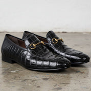 Men's Black Crocodile-Embossed Leather Bit Loafers