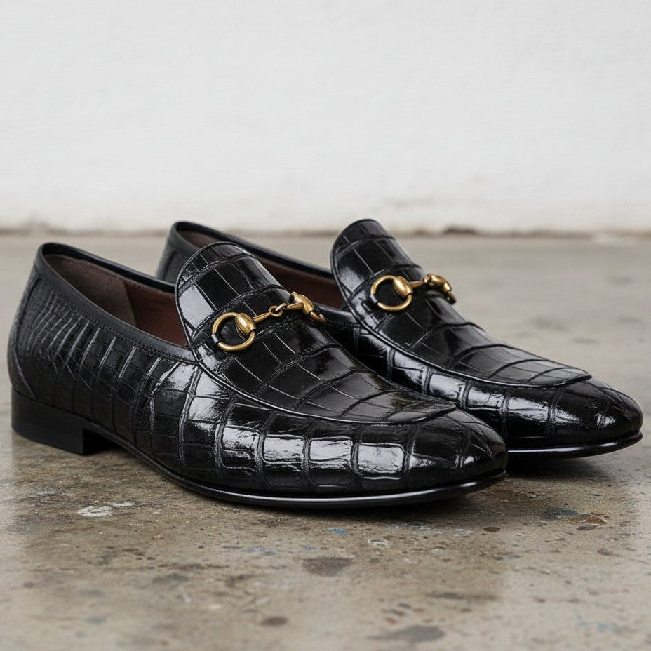 Men's Black Crocodile-Embossed Leather Bit Loafers