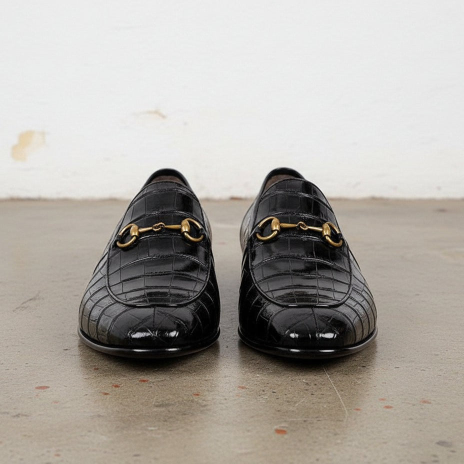 Men's Black Crocodile-Embossed Leather Bit Loafers