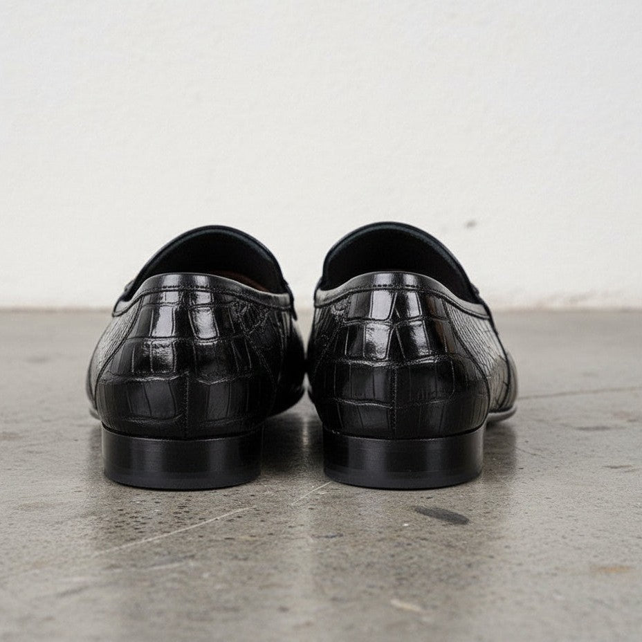 Men's Black Crocodile-Embossed Leather Bit Loafers