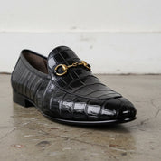 Men's Black Crocodile-Embossed Leather Bit Loafers
