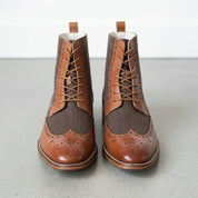 Men's Brown and Dark Brown Herringbone-Embossed Leather Wingtip Derby Boots