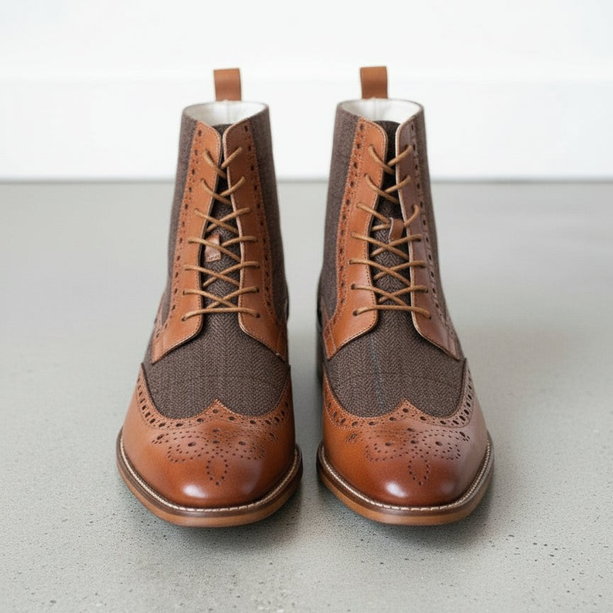 Men's Brown and Dark Brown Herringbone-Embossed Leather Wingtip Derby Boots