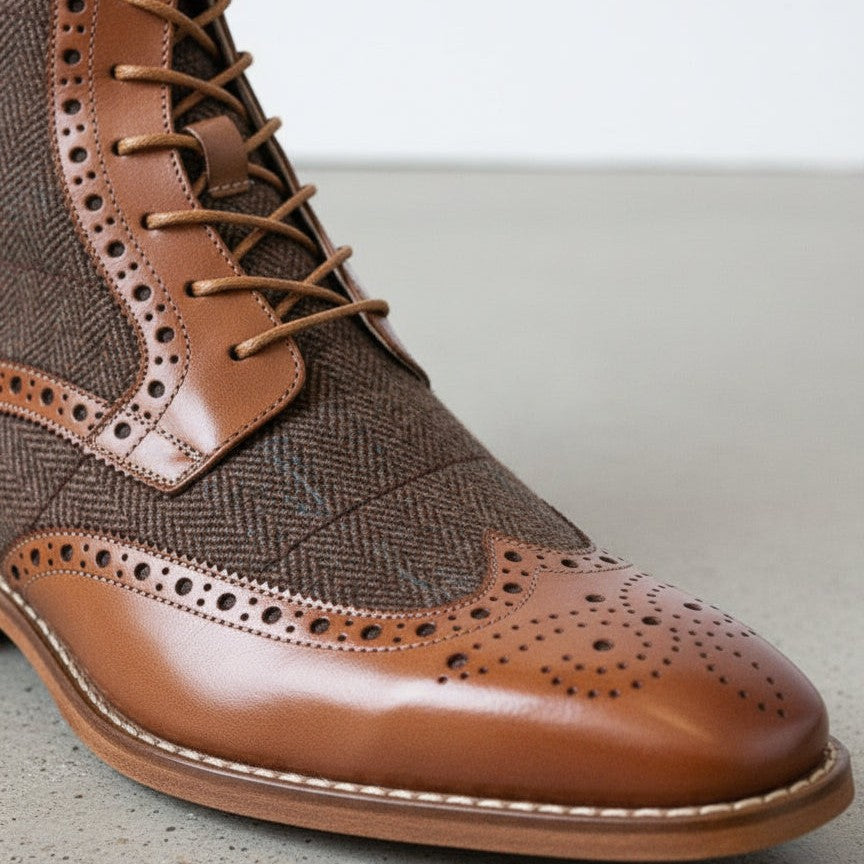 Men's Brown and Dark Brown Herringbone-Embossed Leather Wingtip Derby Boots
