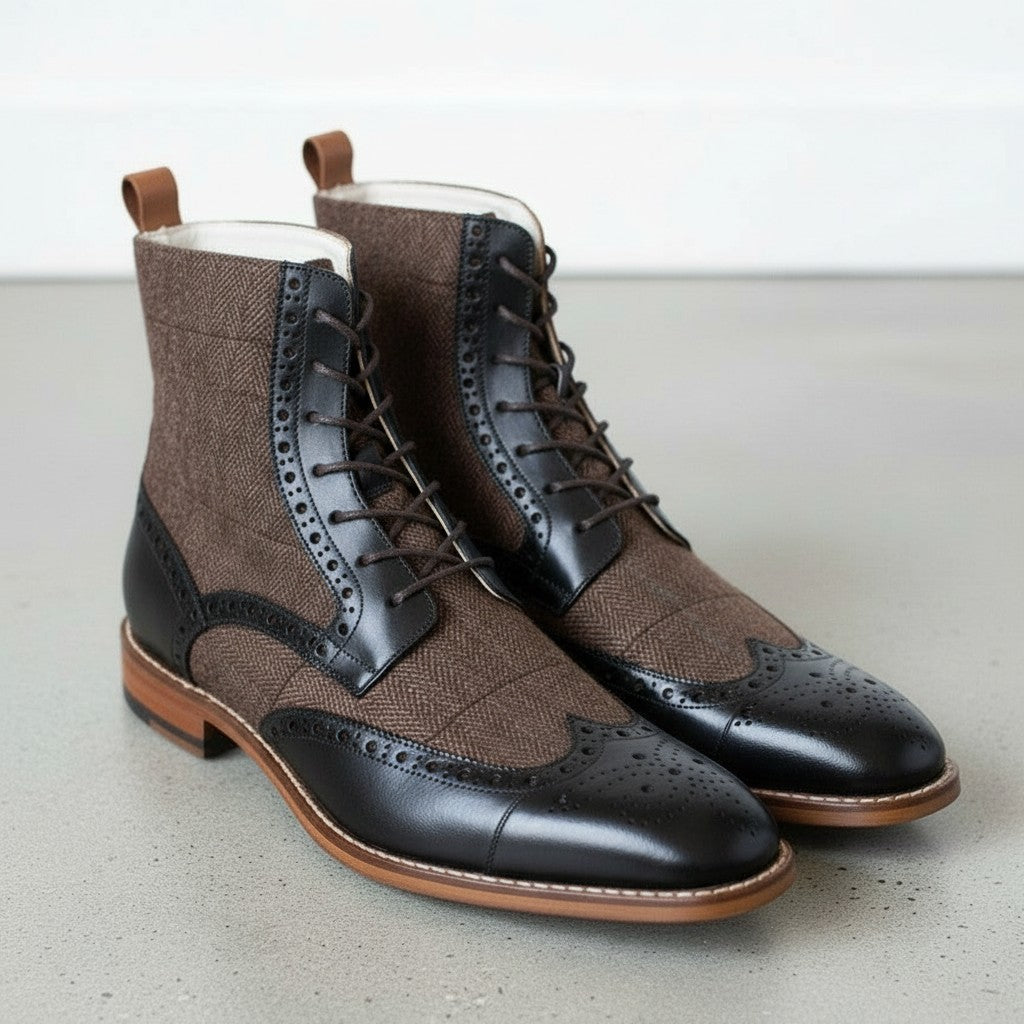 Men's Brown and Black Herringbone-Embossed Leather Wingtip Derby Boots