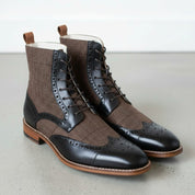 Men's Brown and Black Herringbone-Embossed Leather Wingtip Derby Boots