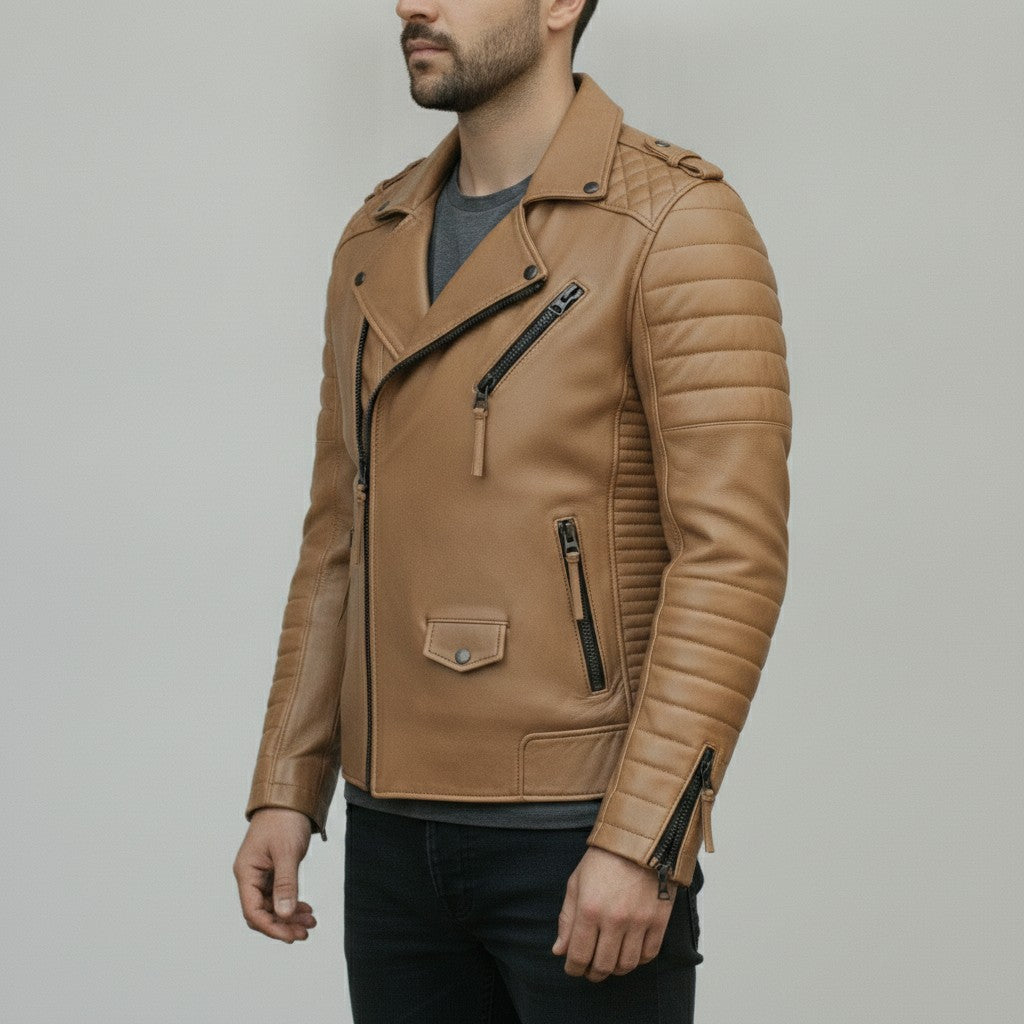 Men's Tan Leather Biker Jacket