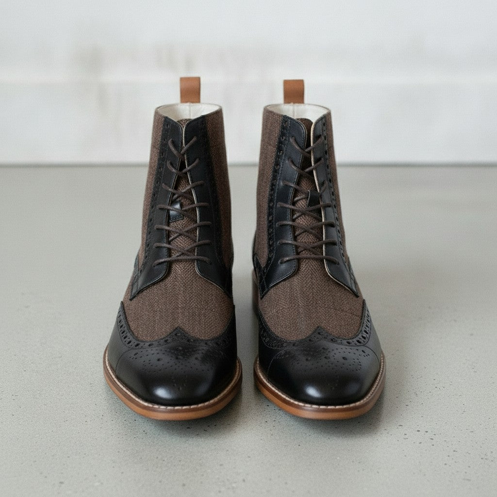 Men's Brown and Black Herringbone-Embossed Leather Wingtip Derby Boots