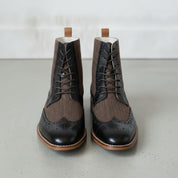 Men's Brown and Black Herringbone-Embossed Leather Wingtip Derby Boots