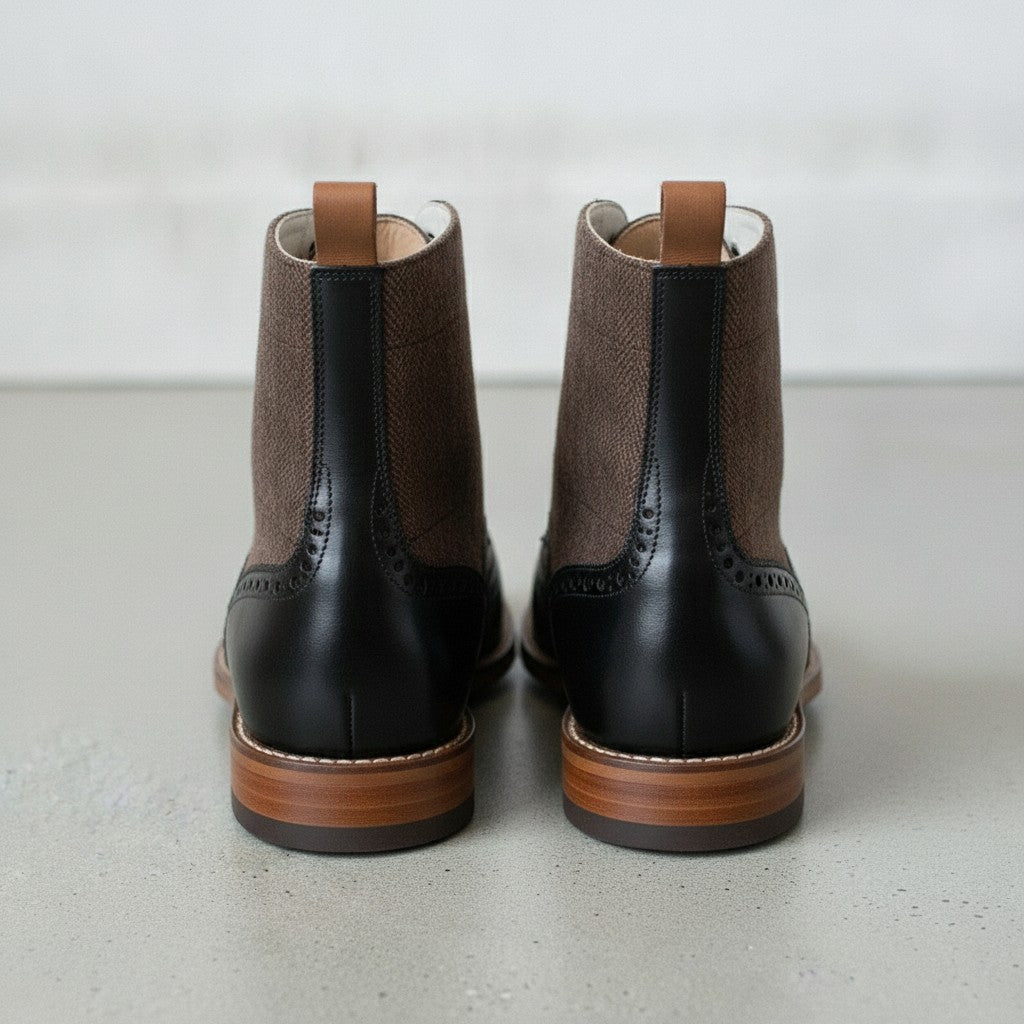 Men's Brown and Black Herringbone-Embossed Leather Wingtip Derby Boots