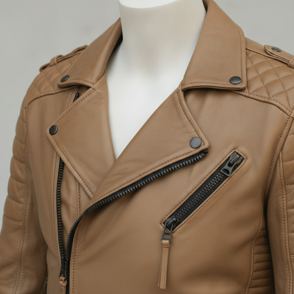 Men's Tan Leather Biker Jacket