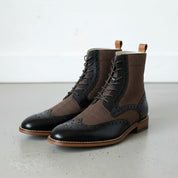 Men's Brown and Black Herringbone-Embossed Leather Wingtip Derby Boots