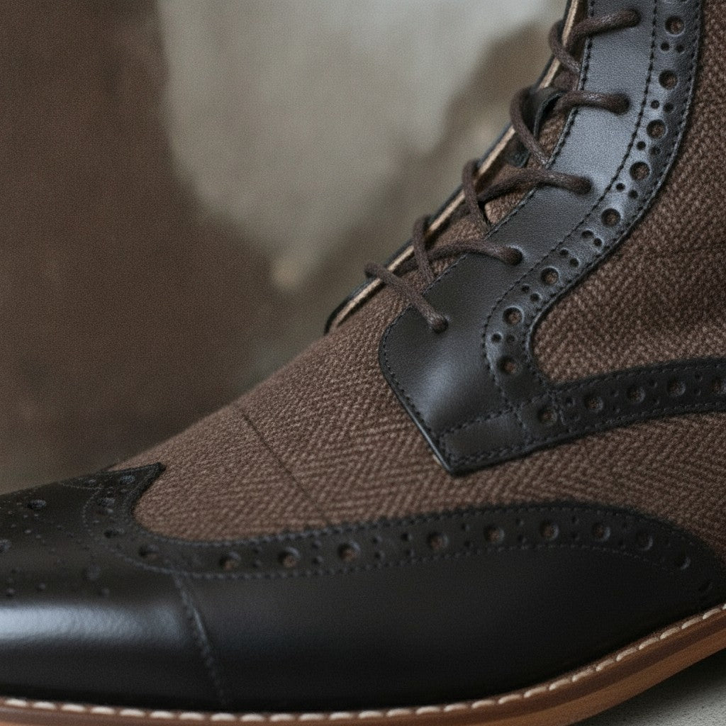 Men's Brown and Black Herringbone-Embossed Leather Wingtip Derby Boots