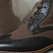 Men's Brown and Black Herringbone-Embossed Leather Wingtip Derby Boots