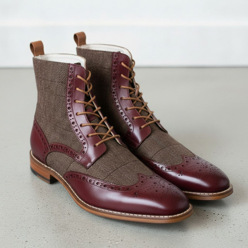 Men's Brown and Burgundy Herringbone-Embossed Leather Wingtip Derby Boots