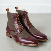 Men's Brown and Burgundy Herringbone-Embossed Leather Wingtip Derby Boots