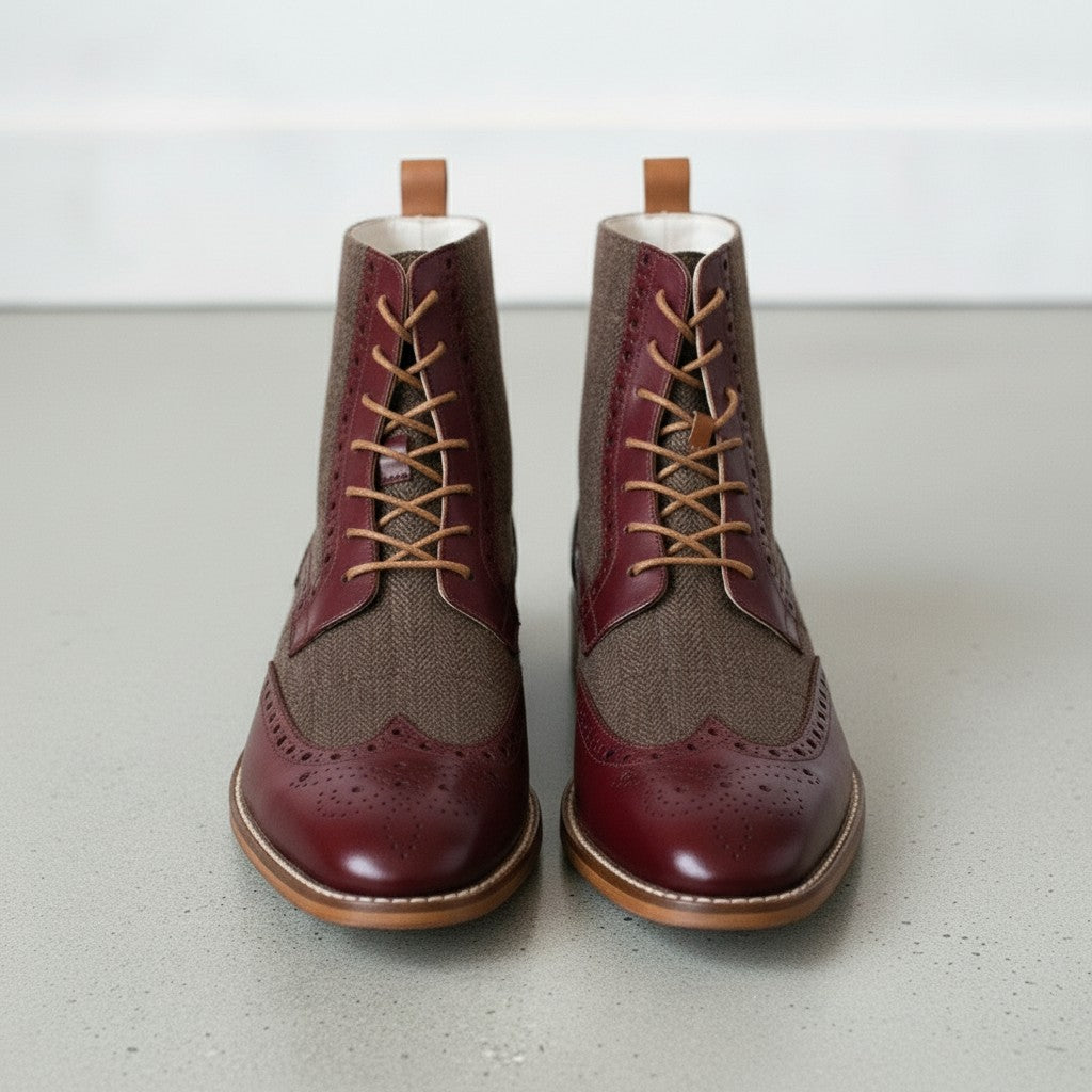 Men's Brown and Burgundy Herringbone-Embossed Leather Wingtip Derby Boots