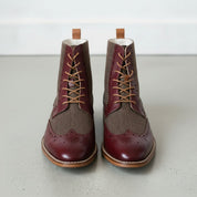 Men's Brown and Burgundy Herringbone-Embossed Leather Wingtip Derby Boots