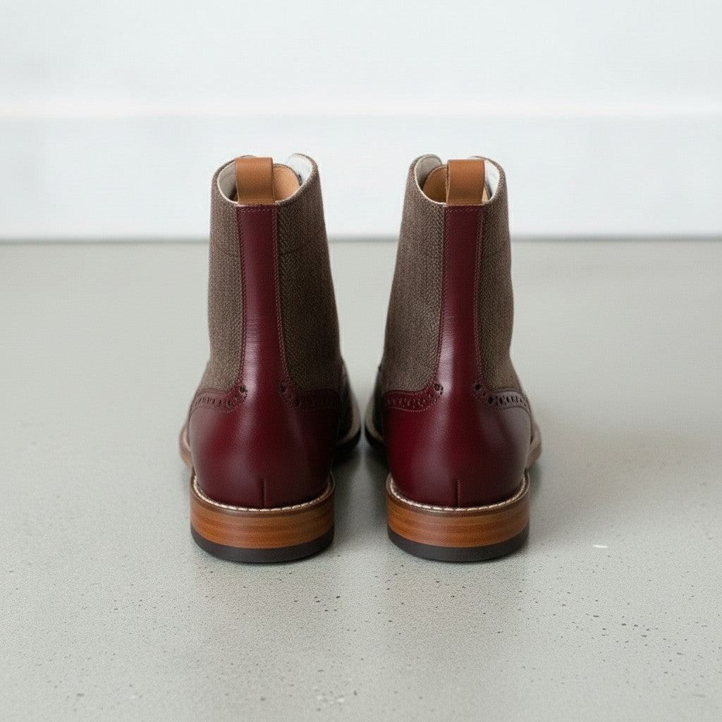 Men's Brown and Burgundy Herringbone-Embossed Leather Wingtip Derby Boots
