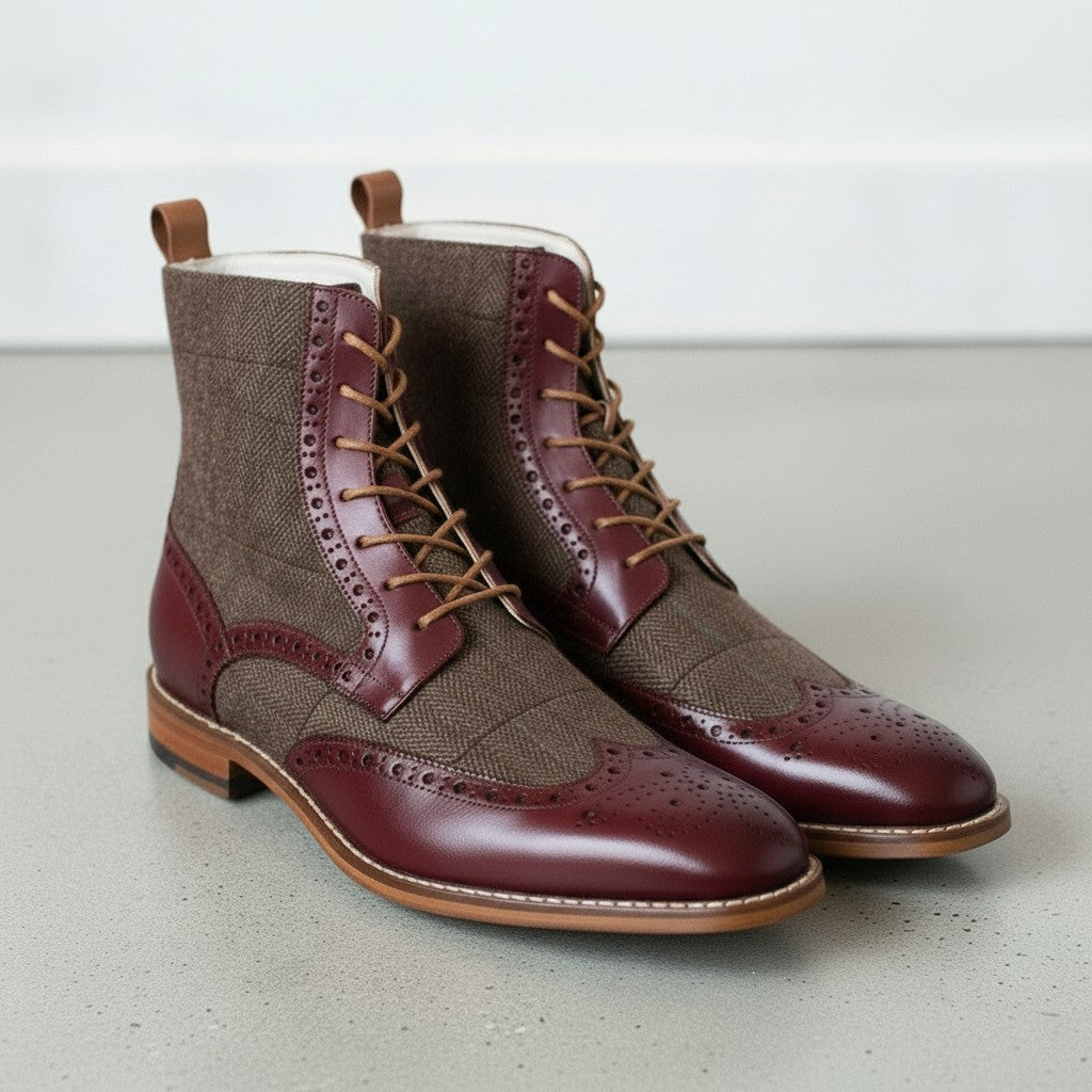 Men's Brown and Burgundy Herringbone-Embossed Leather Wingtip Derby Boots