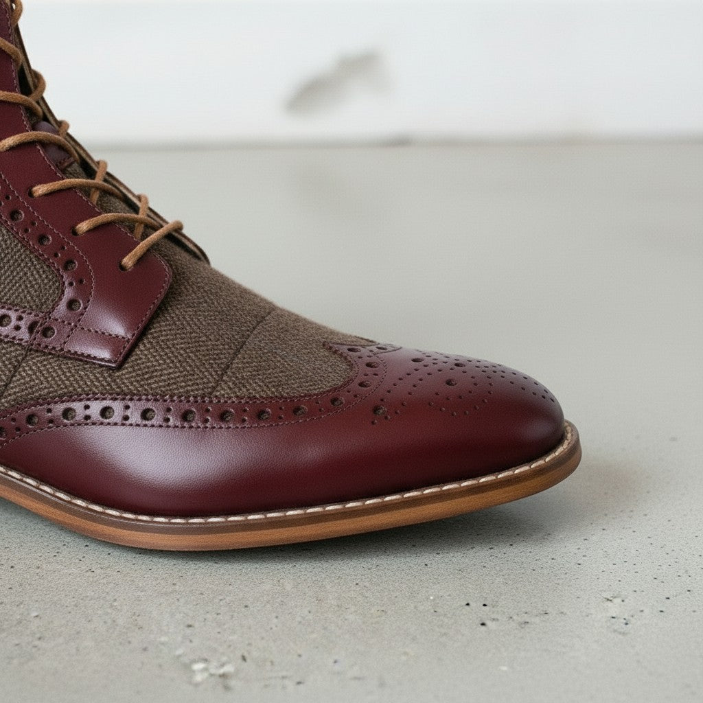 Men's Brown and Burgundy Herringbone-Embossed Leather Wingtip Derby Boots