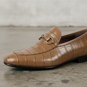 Men's Tan Crocodile-Embossed Leather Bit Loafers