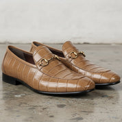 Men's Tan Crocodile-Embossed Leather Bit Loafers