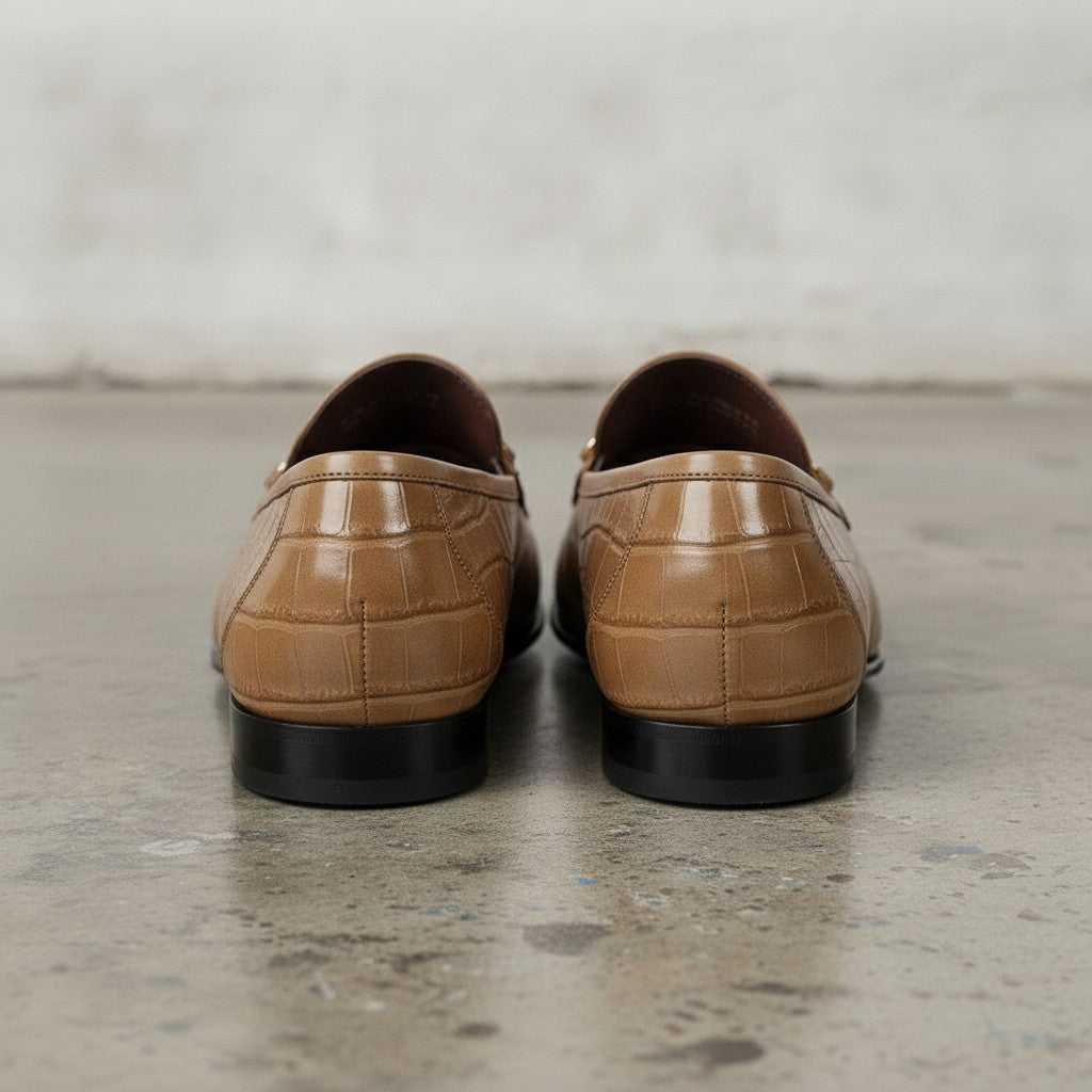 Men's Tan Crocodile-Embossed Leather Bit Loafers