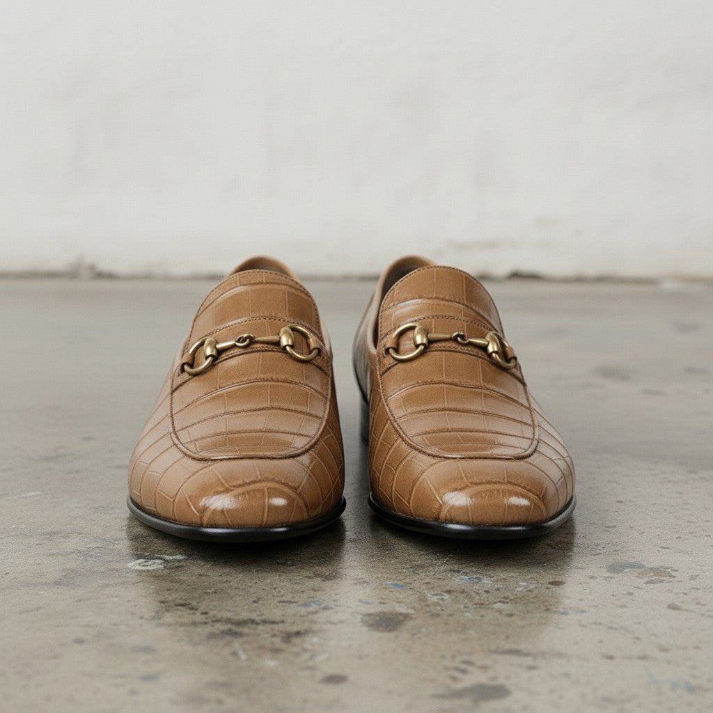 Men's Tan Crocodile-Embossed Leather Bit Loafers