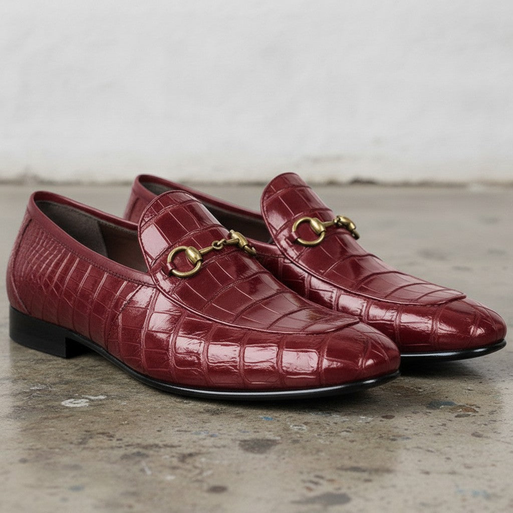 Men's Burgundy Crocodile-Embossed Leather Bit Loafers