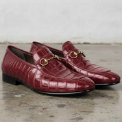 Men's Burgundy Crocodile-Embossed Leather Bit Loafers