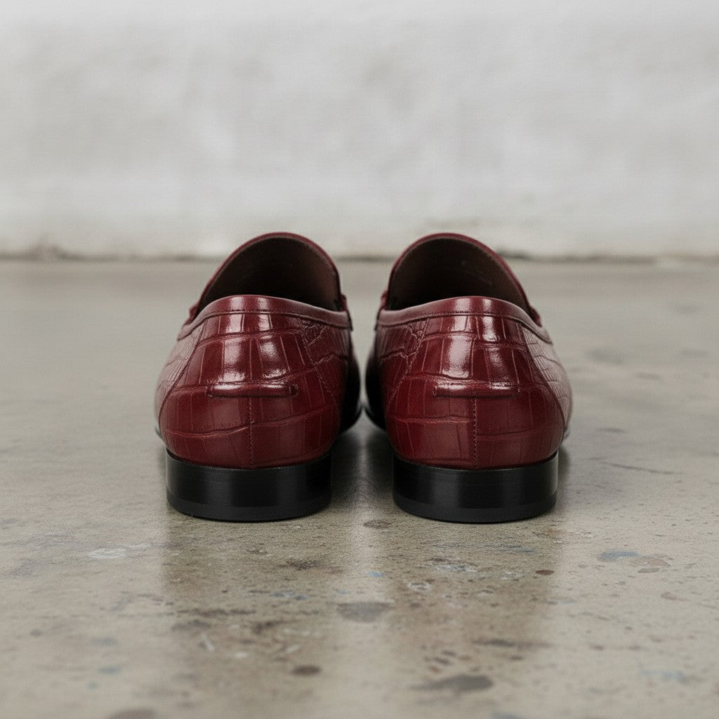 Men's Burgundy Crocodile-Embossed Leather Bit Loafers