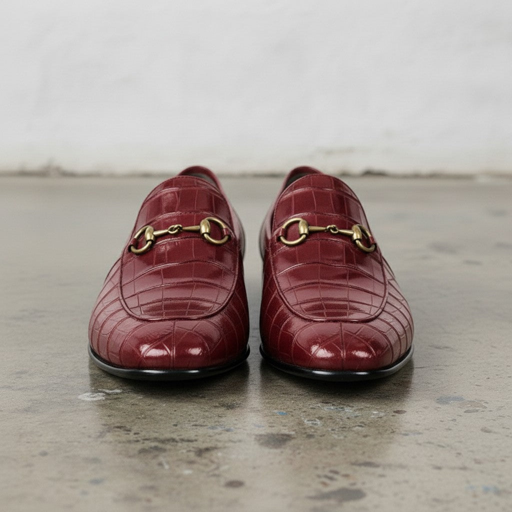 Men's Burgundy Crocodile-Embossed Leather Bit Loafers
