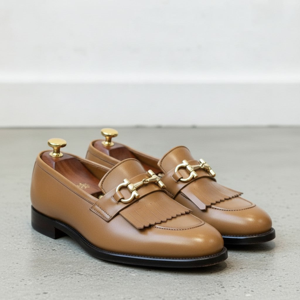 Men's Tan Plain-Toe Leather Bit Loafers