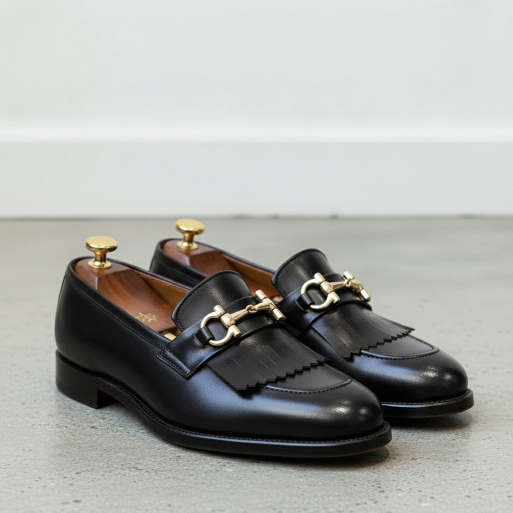 Men's Black Plain-Toe Leather Bit Loafers