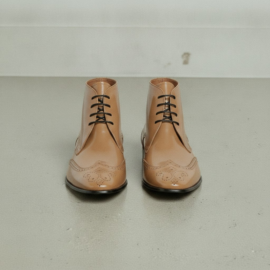 Men's Tan Wingtip Patent Leather Ankle Boots — Bancroft