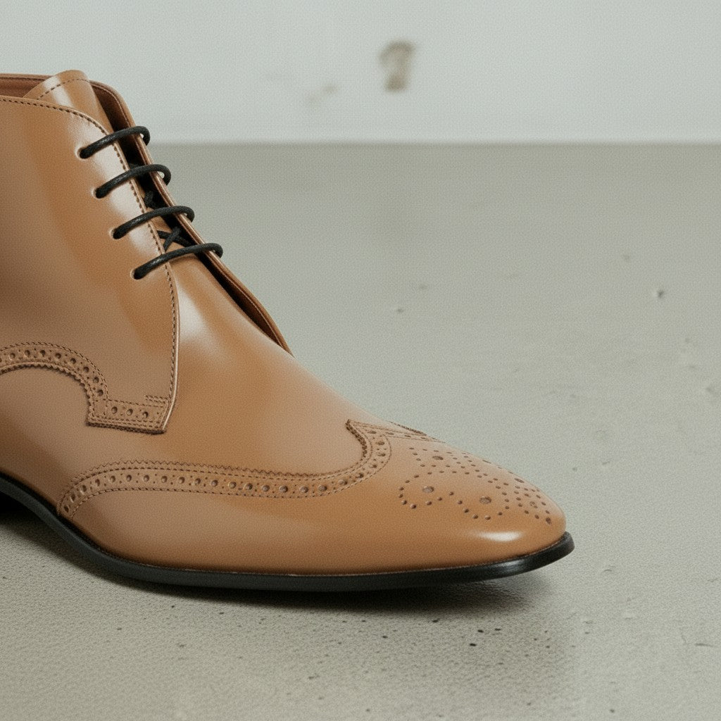 Men's Tan Wingtip Patent Leather Ankle Boots — Bancroft