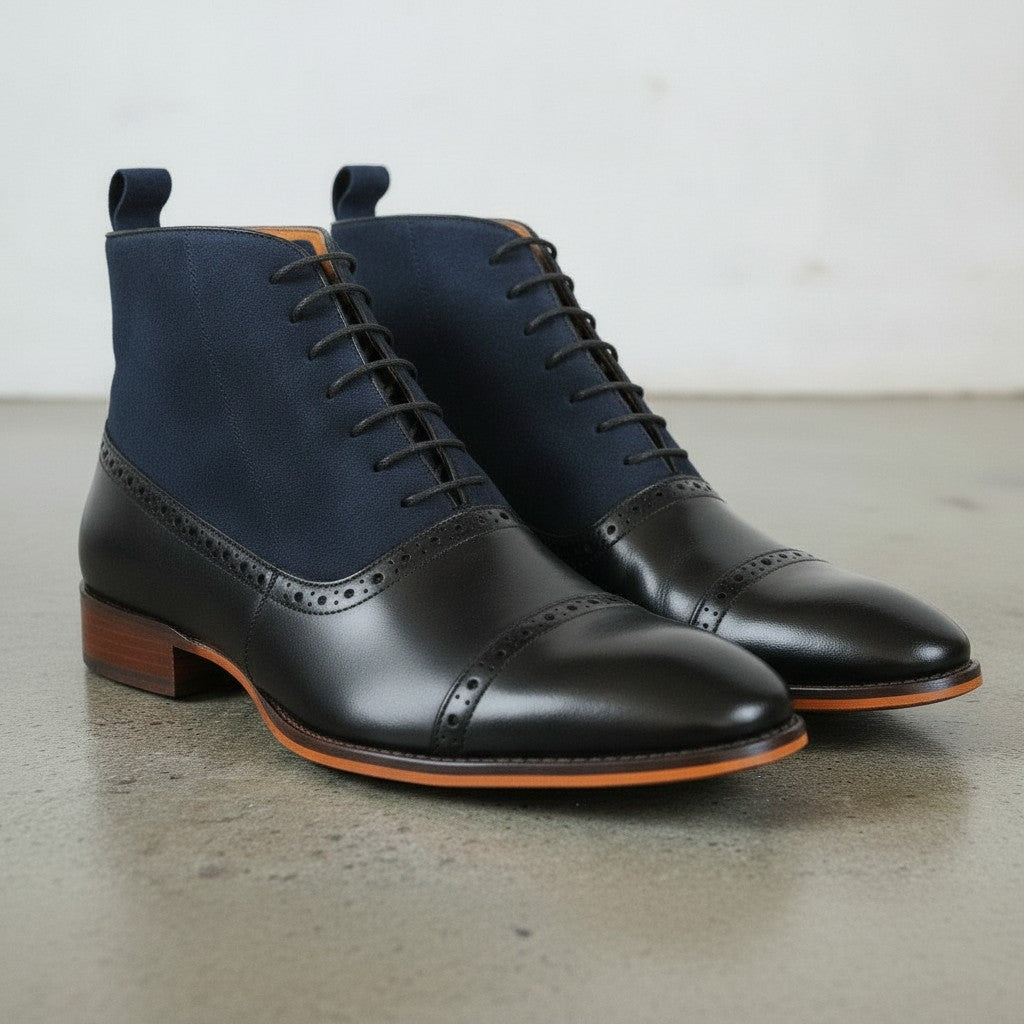 Men's Black and Navy Cap-Toe Leather Oxford Boots