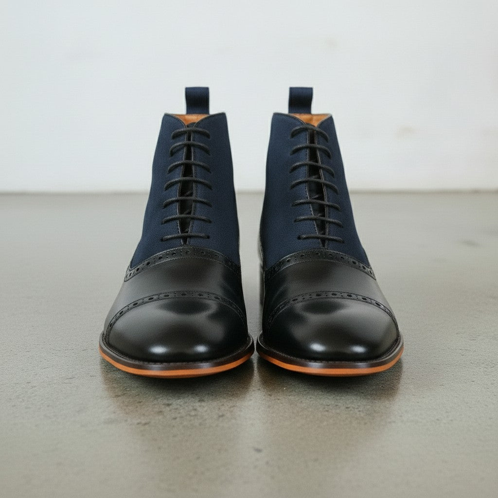 Men's Black and Navy Cap-Toe Leather Oxford Boots