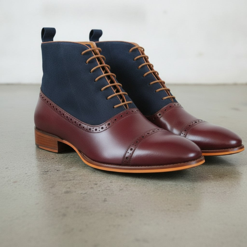 Men's Burgundy and Navy Cap-Toe Leather Oxford Boots