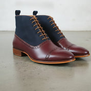 Men's Burgundy and Navy Cap-Toe Leather Oxford Boots