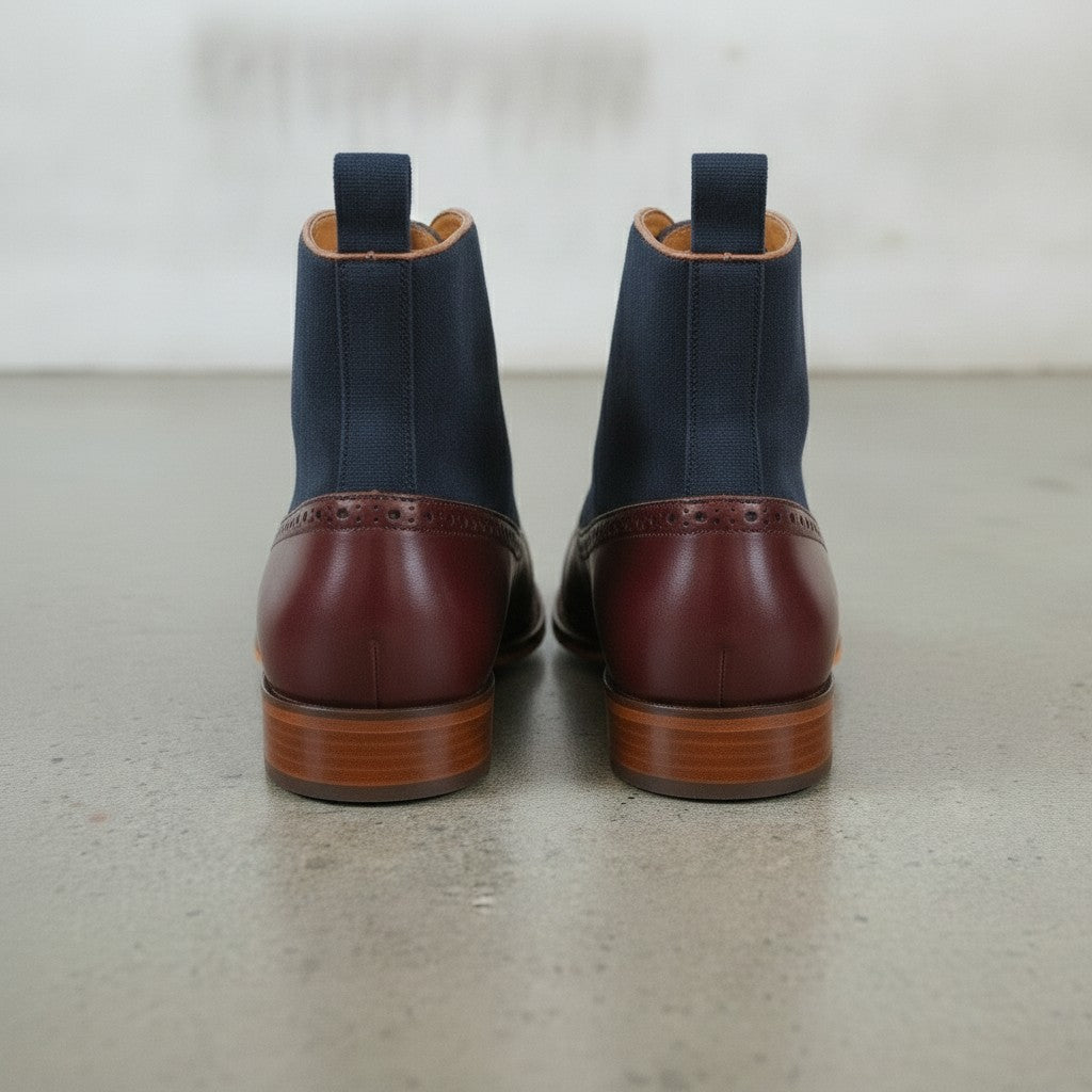 Men's Burgundy and Navy Cap-Toe Leather Oxford Boots