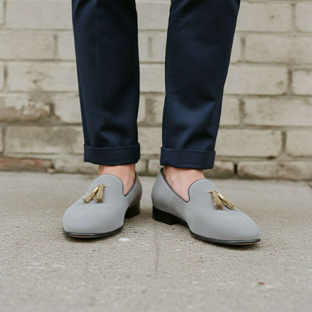 Men's Light Gray Suede Tassel Loafers