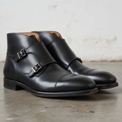 Men's Black Cap-Toe Leather Double Monk Boots