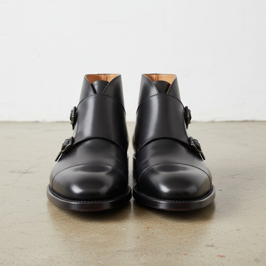 Men's Black Cap-Toe Leather Double Monk Boots